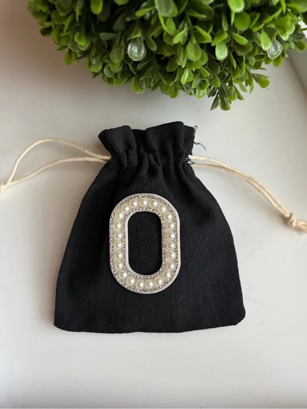 Black Drawstring Pouch with Pearl-Embellished Initial Accent - choose one